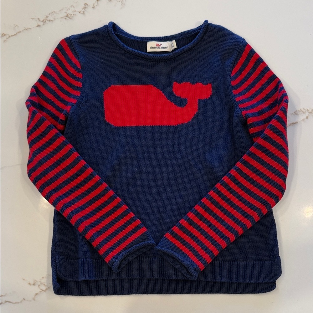 Kids Vineyard Vines Navy and Red Whale Sweater XS